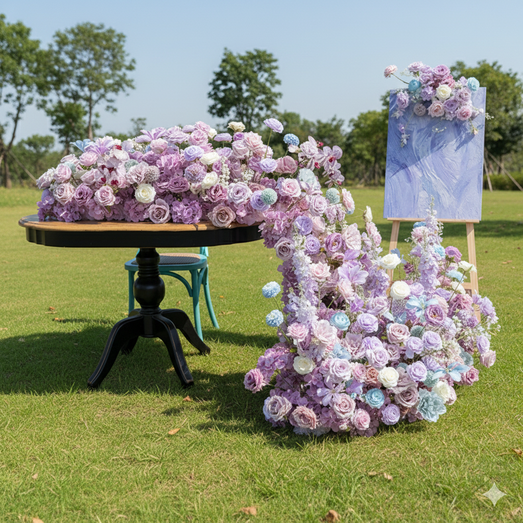 Romantischer Tischläufer mit Kunstblumen in Mauve und Blush, elegante Kaskadenblumen für besondere Anlässe FA-238