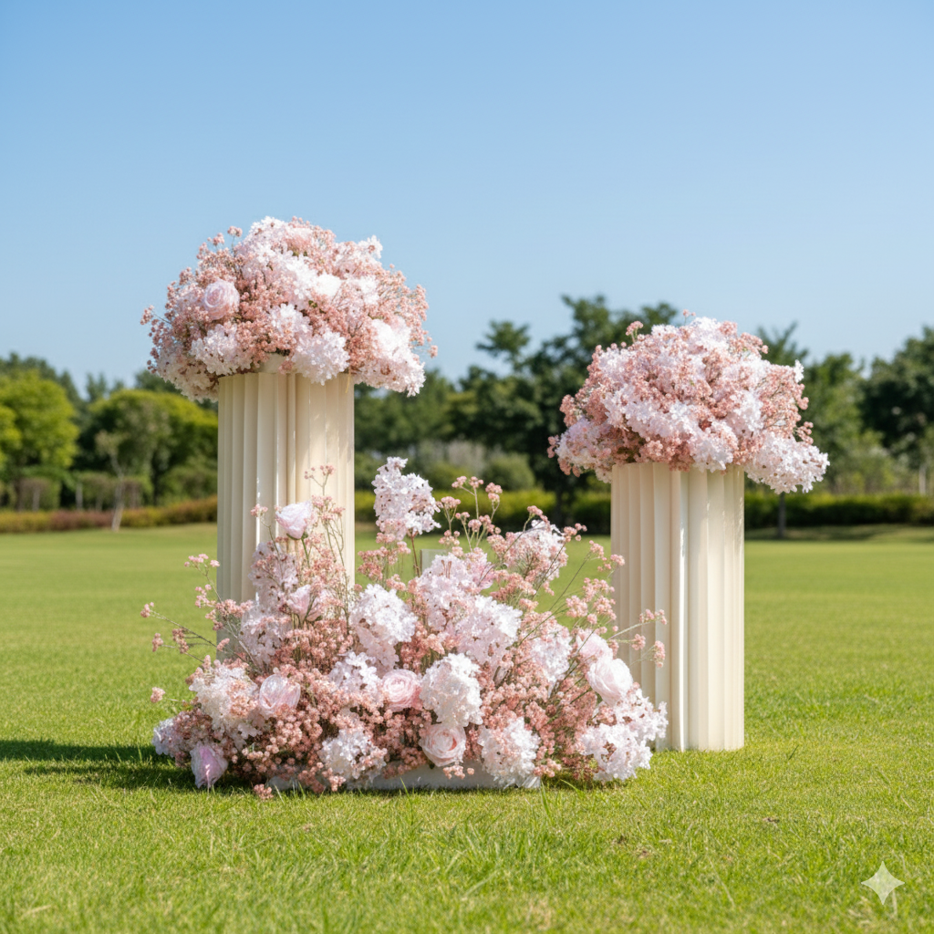 Baby’s Breath and Hydrangea Flower Display – Blush Pink Faux Arrangement for Wedding Entrance or Party Decor FA-251