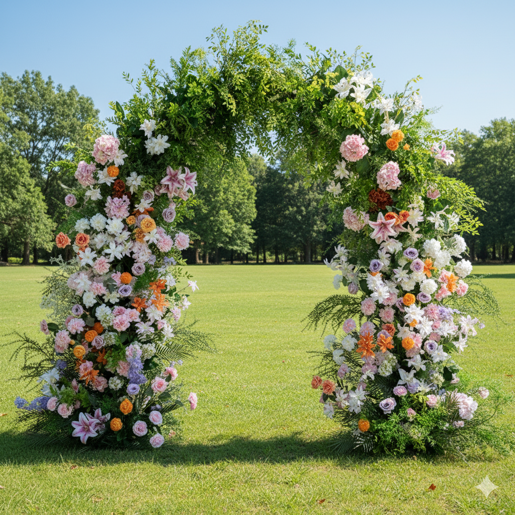 Eleganter Blumenbogen in Mondform für die Hochzeitszeremonie – Künstlicher Blumenbogen für Hochzeiten, Veranstaltungen und besondere Anlässe