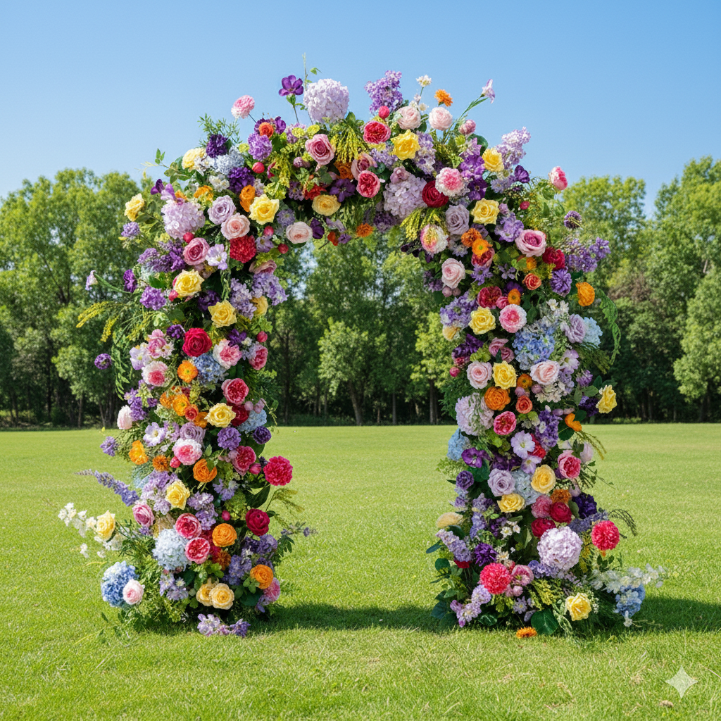 قوس زهور صناعية مستوحى من مونيه – خلفية زفاف انطباعية ملونة للحفل أو الحدث VA-366