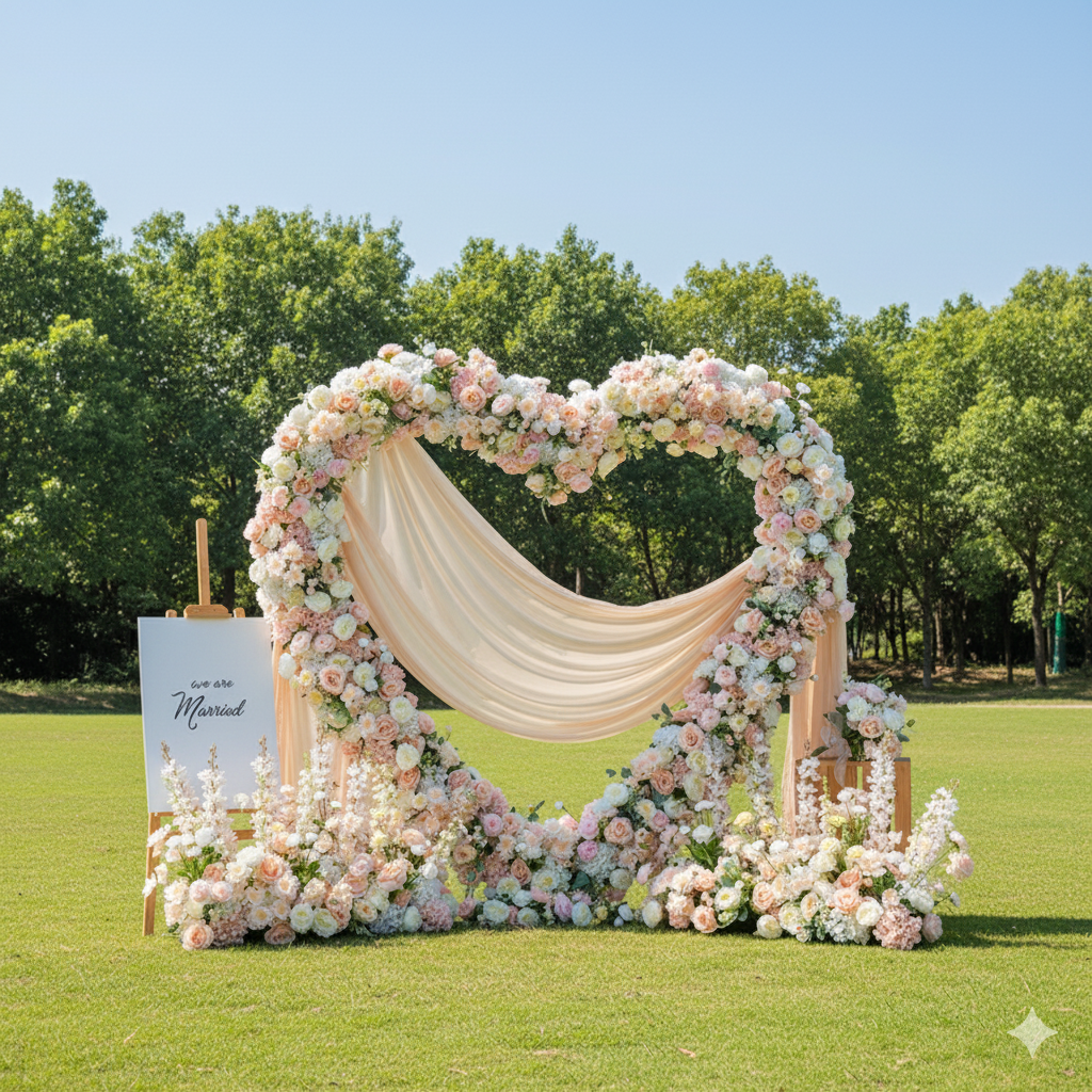 Luxuriöse 5D rosa herzförmige florale Hochzeitskulisse, künstliches Blumenarrangement-Dekor, romantischer Blumenbogenständer HA-401