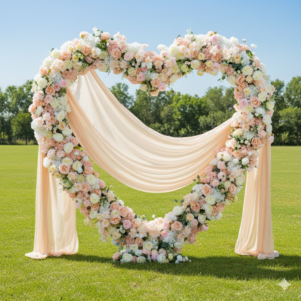 Luxuriöse 5D rosa herzförmige florale Hochzeitskulisse, künstliches Blumenarrangement-Dekor, romantischer Blumenbogenständer HA-401