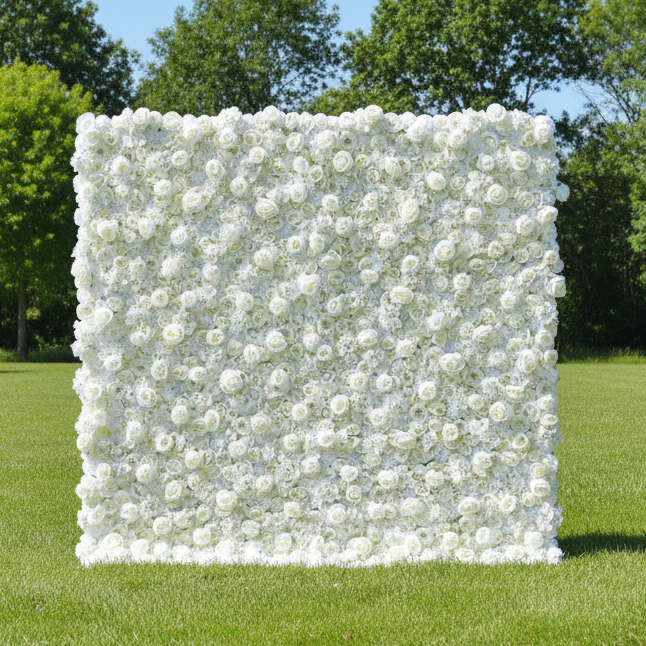 バラーフラワーロールアップファブリック人工白花壁結婚式バックドロップ、フローラルパーティーデコレーション、イベントフォトグラフィー-VF-051