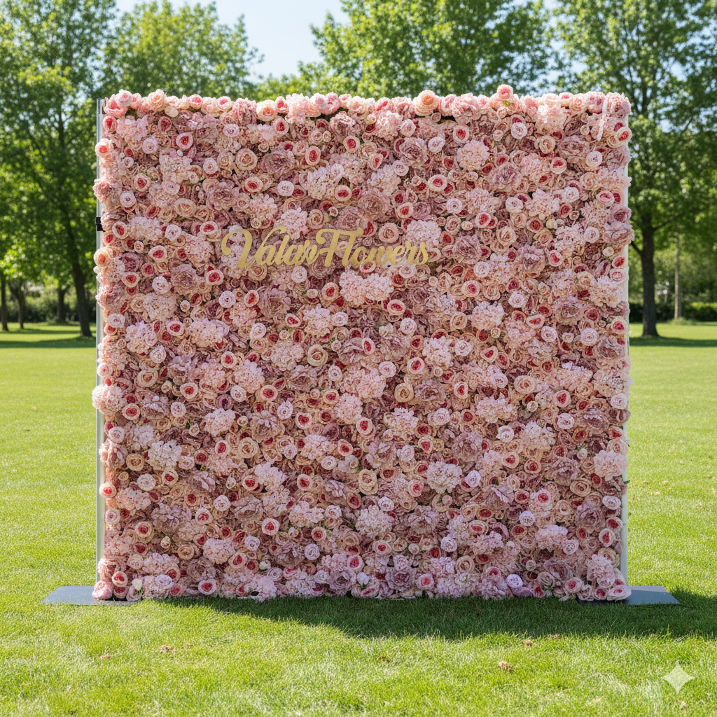 バラールフラワーズ ロールアップファブリック 人工ブランディーピンクローズ フラワーウォール ウェディングバックドロップ、フローラルパーティーデコレーション、イベントフォトグラフィー-VF-053