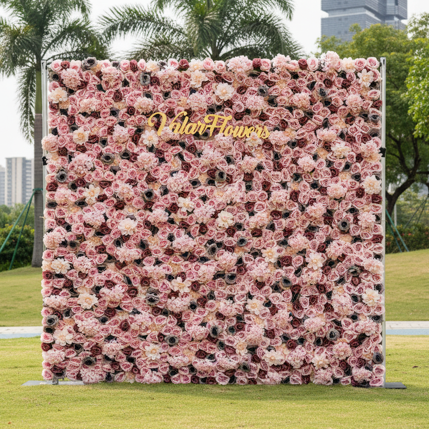 バラーフラワーロールアップファブリック人工ミックスブラウンとピンクがかったグレーのフラワーウォールウェディングバックドロップ、フローラルパーティーデコレーション、イベントフォトグラフィー-VF-062