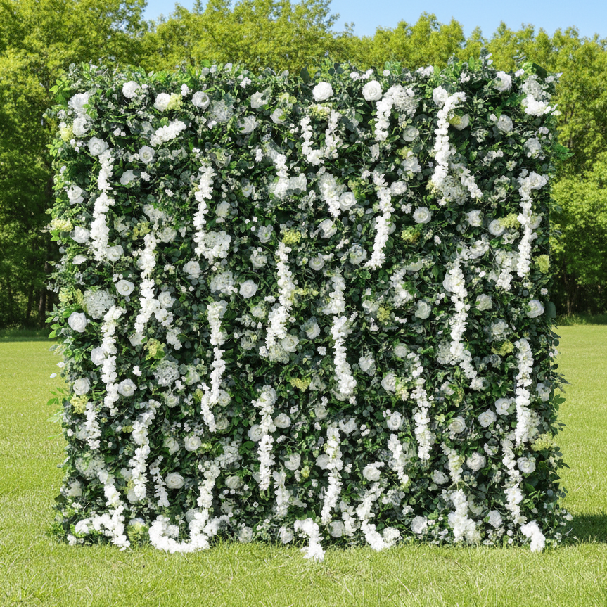 バラーフラワーズ ロールアップファブリック 人工白花と鮮やかな緑の葉のフローラルウォールウェディングバックドロップ、フローラルパーティーデコレーション、イベントフォトグラフィー - VF-071