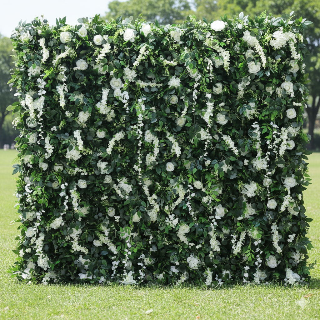 バラールフラワーズ ロールアップファブリック 人工白花と鮮やかな緑の葉のフローラルウォールウェディングバックドロップ、フローラルパーティーデコレーション、イベントフォトグラフィー - VF-071-3