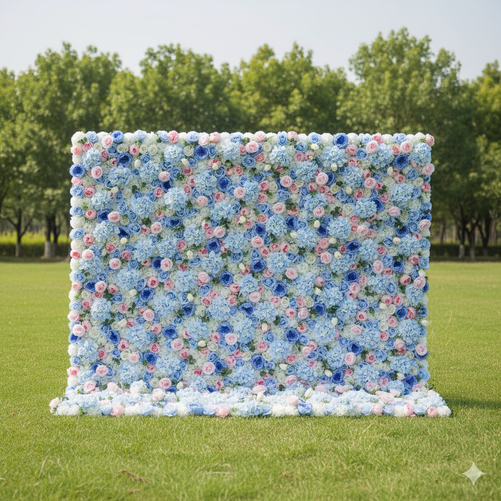 Valar 꽃 롤업 패브릭 인공 혼합 베이비 블루, 핑키 및 흰색 꽃 벽 웨딩 배경, 꽃 파티 장식, 이벤트 사진-VF-081