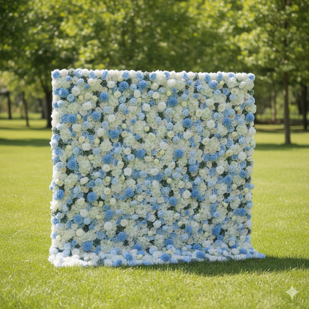 Valar 꽃 롤 패브릭 인공 혼합 아기 파란색과 흰색 꽃 벽 결혼식 배경, 꽃 파티 장식, 이벤트 사진-VF-083