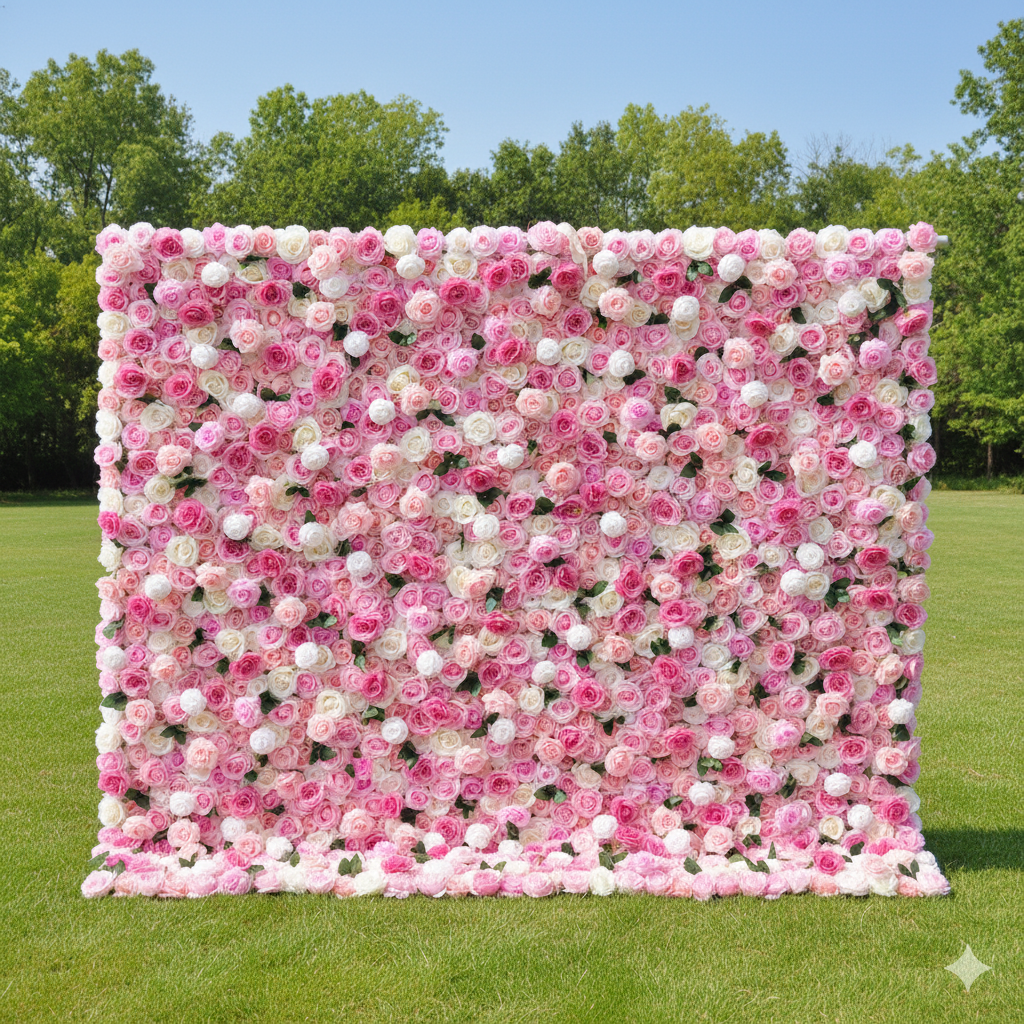 バラールフラワーズ ロールアップファブリック 人工ミックスピンクとホワイトのフローラル ウェディング バックドロップ、フローラル パーティーデコレーション、イベントフォトグラフィー - VF-084