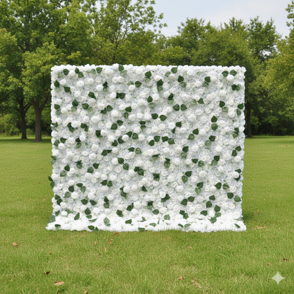 결혼식을 위한 흰색 & 녹색 잎 인공 꽃 벽 배경