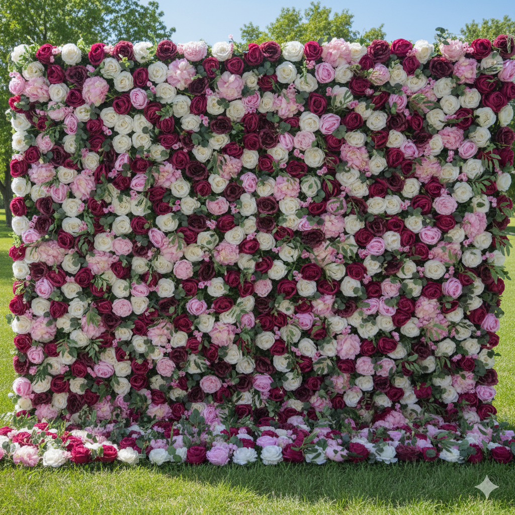 Valar 꽃 롤업 패브릭 인공 혼합 핑키와 보라색과 흰색 꽃 벽 웨딩 배경, 꽃 파티 장식, 이벤트 사진-VF-091