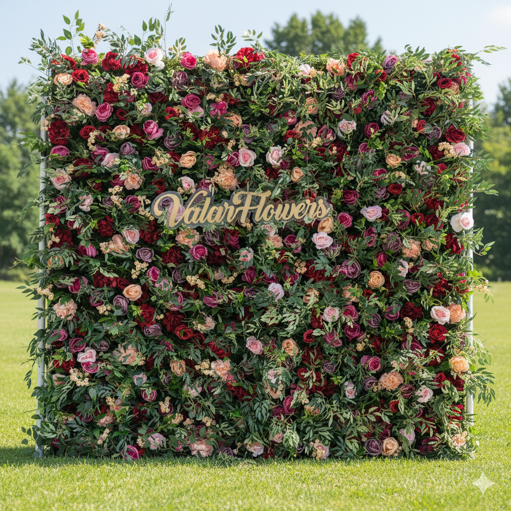 Valar 꽃 롤업 패브릭 인공 녹색 혼합 핑키와 보라색과 흰색 꽃 벽 웨딩 배경, 꽃 파티 장식, 이벤트 사진-VF-095