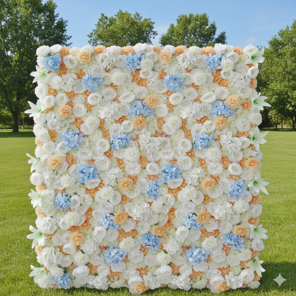 Valar 꽃 롤 패브릭 인공 오렌지 혼합 흰색과 베이비 블루 꽃 벽 웨딩 배경, 꽃 파티 장식, 이벤트 사진-VF-096