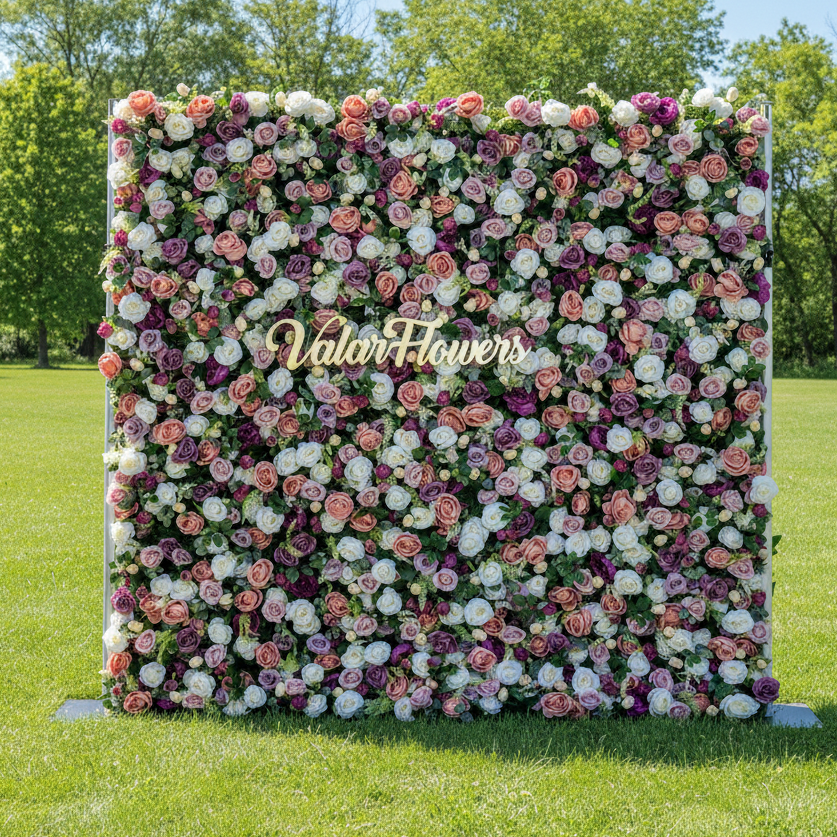 Valar 꽃 롤업 패브릭 인공 5D 마젠타 & 핑크 인공 꽃 벽 - 숲 결혼식, 이벤트 및 가정 장식에 적합-VF-154-2