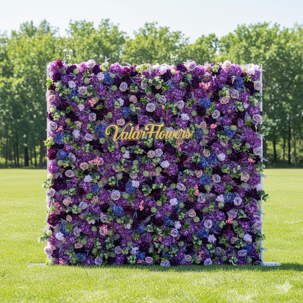 Valar 꽃 롤업 패브릭 인공 보라색 꽃 벽 웨딩 배경, 꽃 파티 장식, 이벤트 사진-VF-192