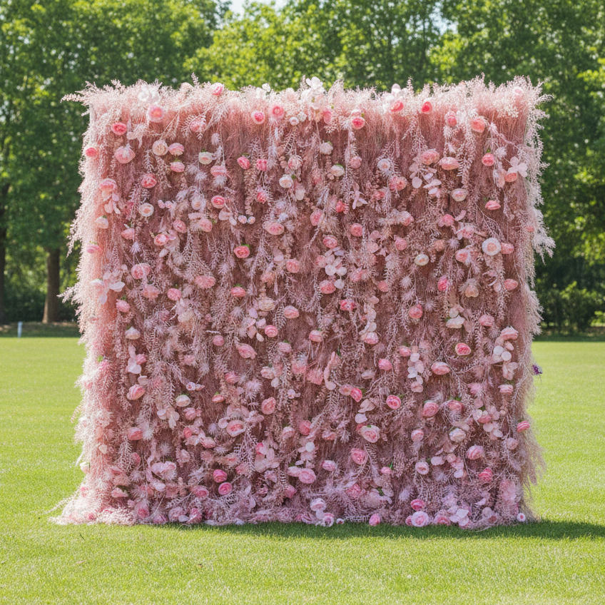 フロステッドファーンのアクセントが施された赤面ピンクの花壁:洗練されたお祝いのためのロマンスと whimsy の出会い - VF-202-3