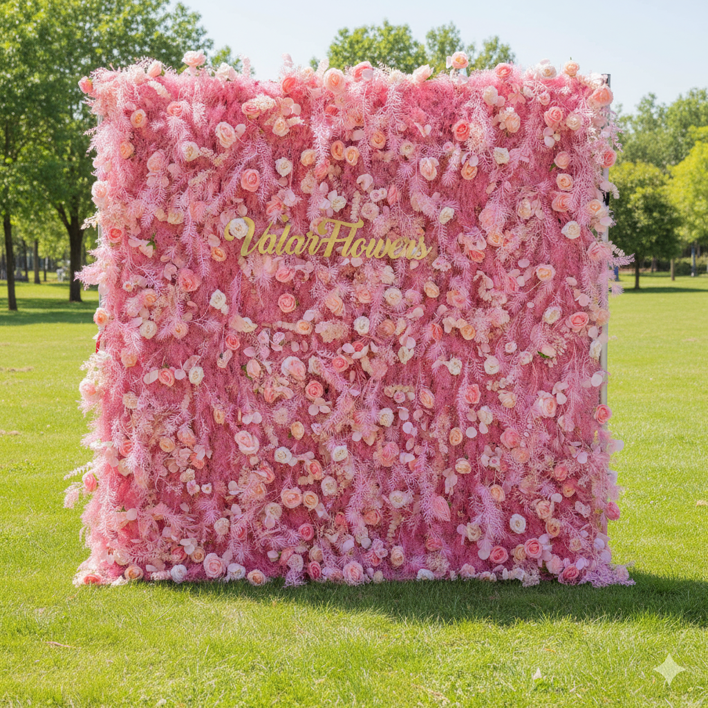 フロステッドファーンのアクセントが施された赤面ピンクの花壁:洗練されたお祝いのためのロマンスと whimsy の出会い - VF-202-4