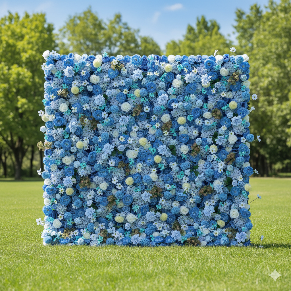 Valar Flowers 소개: Azure Harmony – 파란색과 연한 노란색 패브릭 꽃의 고요한 심포니 – 해상 테마, 이벤트 및 고요한 인테리어 분위기를 위한 이상적인 꽃 벽 -VF-219-2