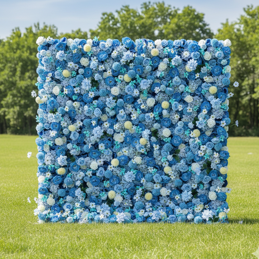 Valar 꽃 쇼케이스: 하늘색 꿈의 풍경 – 풍부한 파란색 및 크림색 흰색 패브릭 꽃의 무성한 캔버스 – 해변 행사, 모임 및 해안에서 영감을 받은 인테리어를 위한 최고의 꽃 벽 -VF-219-3