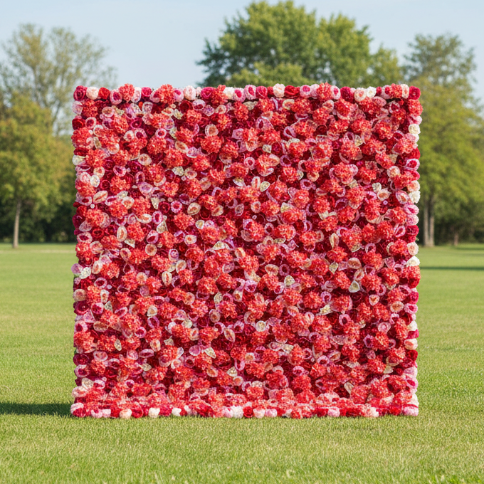 バラールフラワーズショーケース:クリムゾンカスケード – 鮮やかな赤と微妙なピンクのファブリックローズのシンフォニー – 盛大な式典、ロマンチックなイベント、豪華なホームデコのための典型的なフローラルキャンバス - VF-220