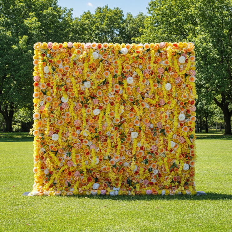 ValarFlowers 人工フラワー壁面バックドロップ: サンライトシンフォニー - 輝く黄金の花の滝 - VF-252