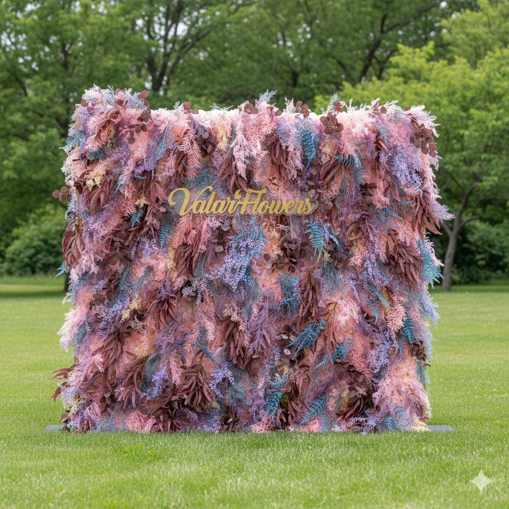 Valar 꽃 롤업 패브릭 인공 보라색 꽃 벽 웨딩 배경, 꽃 파티 장식, 이벤트 사진-VF-192