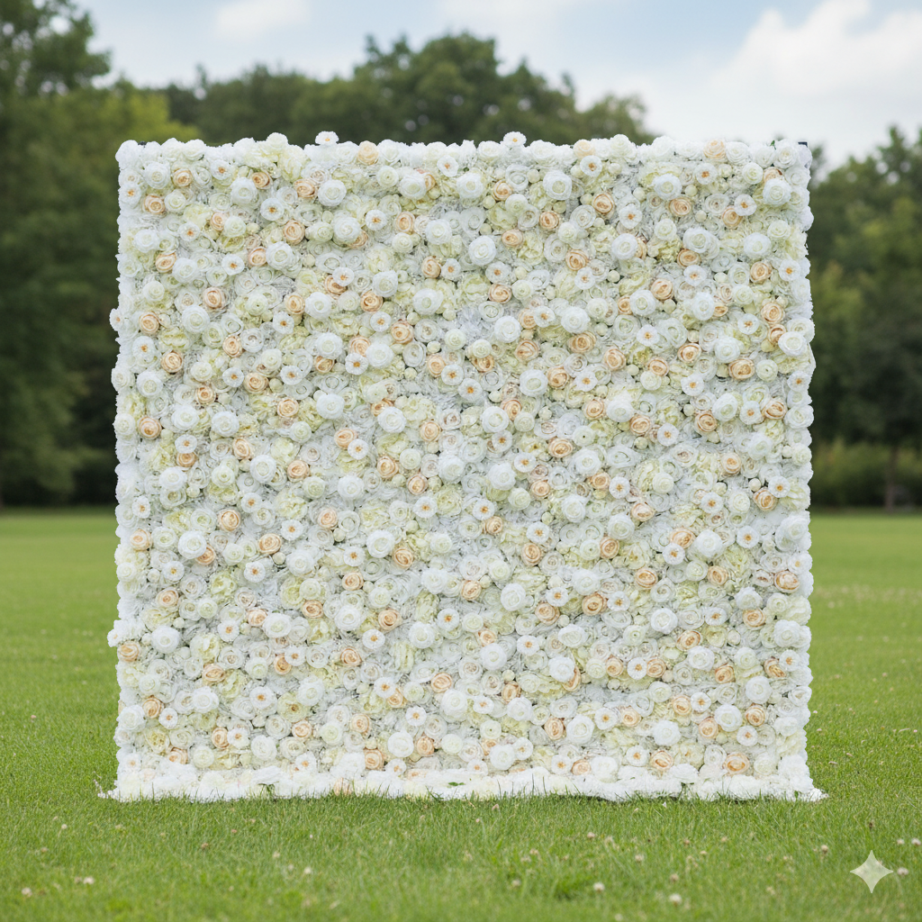 バラフラワーズ ロールアップファブリック 人工ホワイト、クリーム、シャンパンフラワー ウェディングバックドロップ、フローラルパーティーデコレーション、イベントフォトグラフィー-VF-263