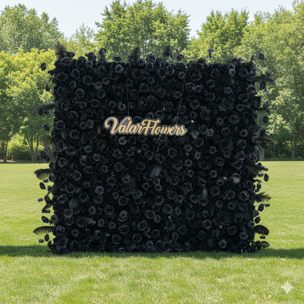 バラーフラワー人工フローラルウォールバックドロップ:ブラックカラーのバラとフェザー - ザ・ミッドナイトエニグマコレクション-VF-264