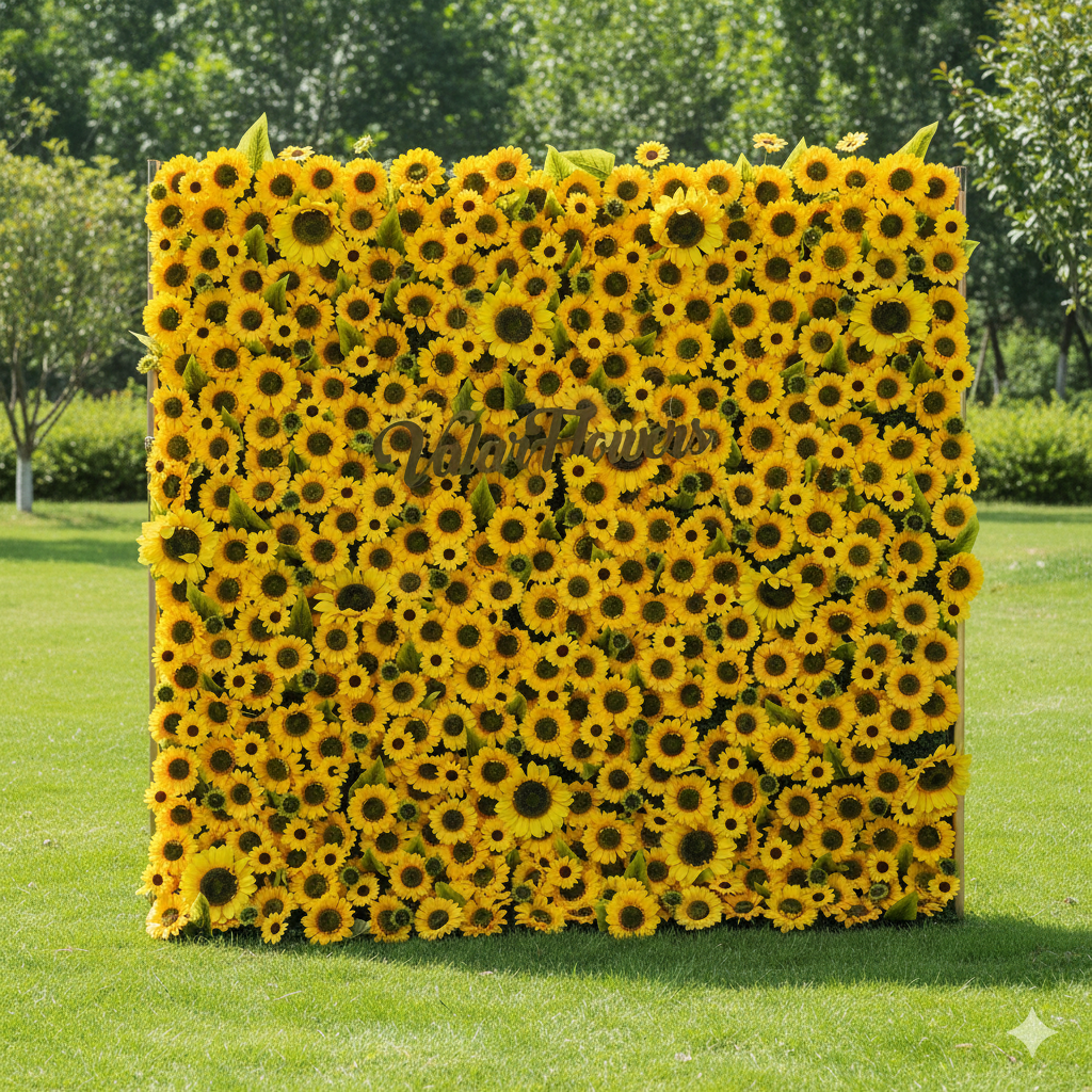 ValarFlowers 인공 꽃 벽 배경: Sunbliss 꽃 인공 꽃 벽 배경-빛나는 노란 해바라기 필드 에디션-VF-265-2