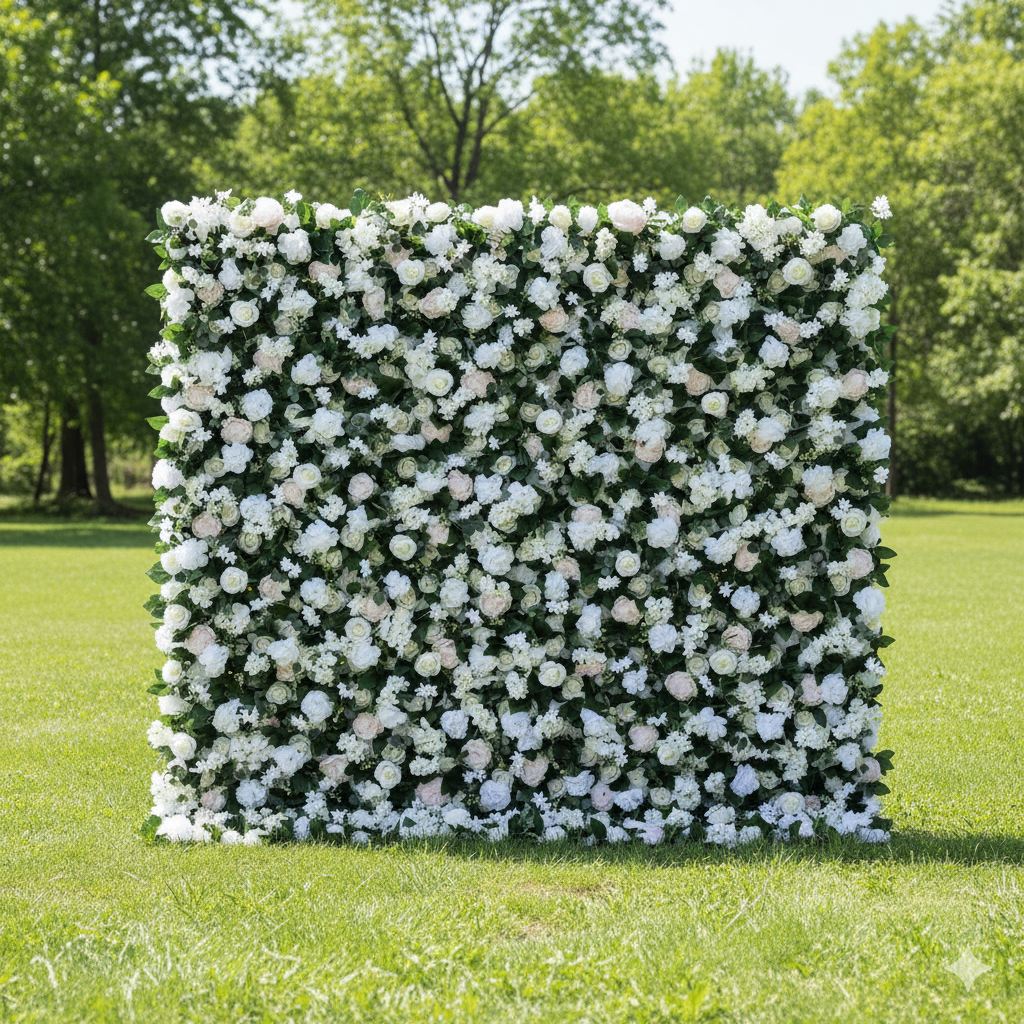 ValarFlower 人工フラワー壁面バックドロップ: エセリアルエレガンス - 白い花々の清らかなパノラマ-VF-273-2