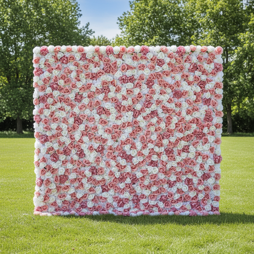 ValarFlowers 인공 꽃 벽 배경: 장미빛 래디언스 - 분홍색과 흰색 장미의 섬세한 춤-VF-277