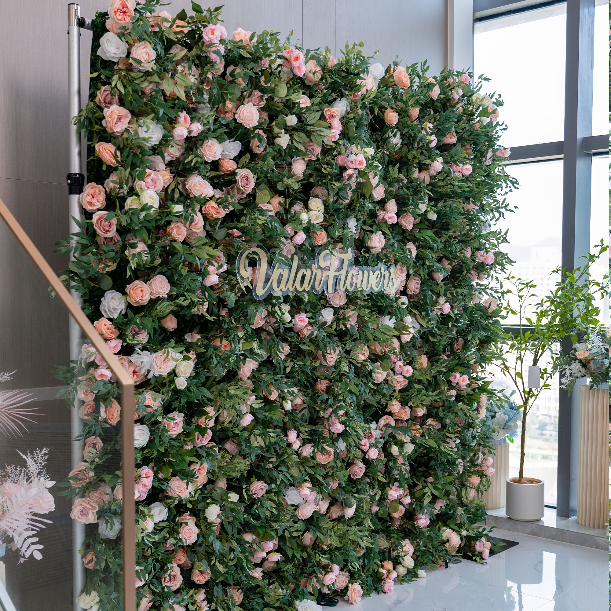 Green & Blush Rose Flower Wall Backdrop – Perfect for Weddings, Garden-Themed Events, Photoshoots & Elegant Decor – Artificial Floral Display VF-341-2