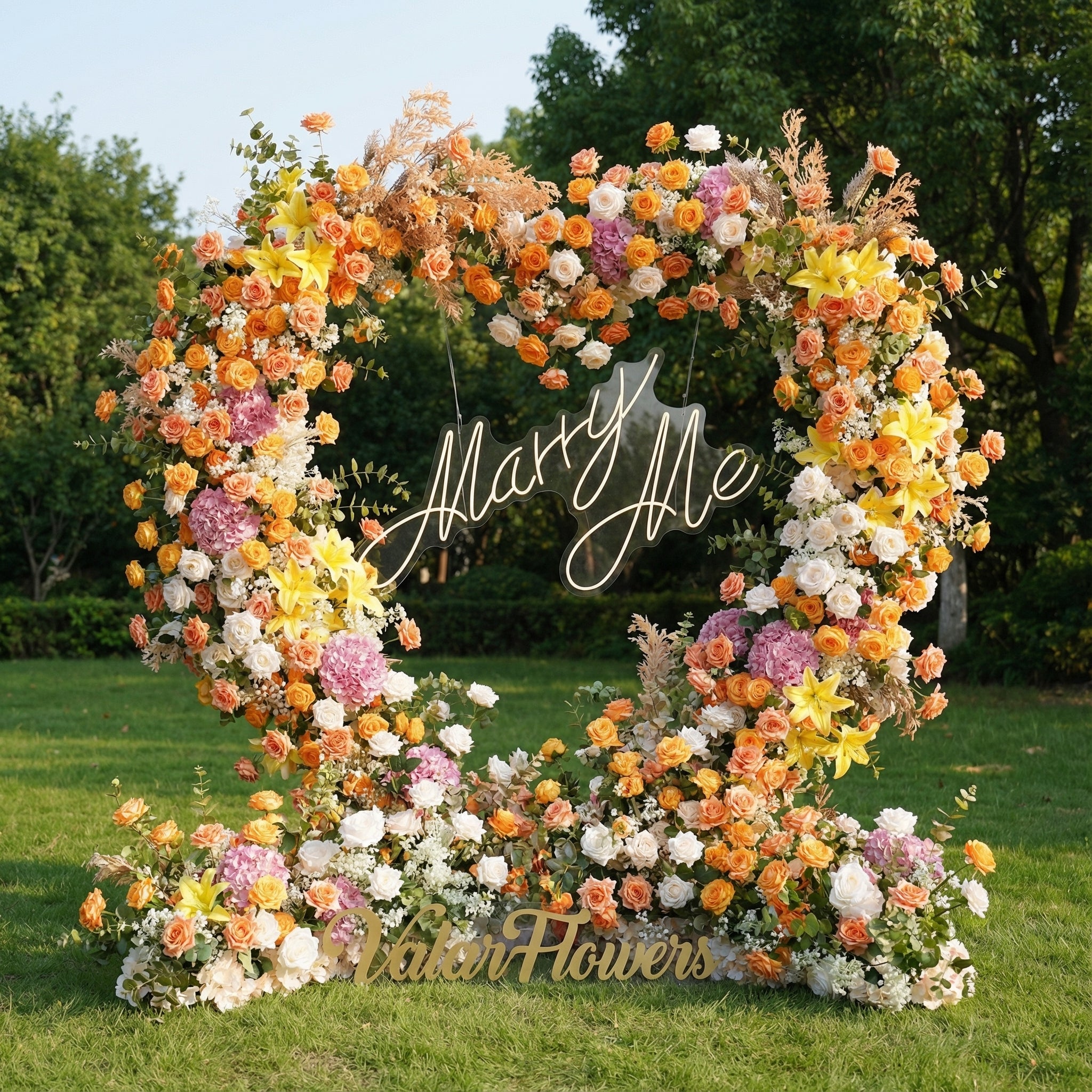 Valar Flower Heart-Shaped Sunset Floral Arch | Orange, Yellow & Blush Proposal Backdrop for Wedding & Outdoor Events HA-407