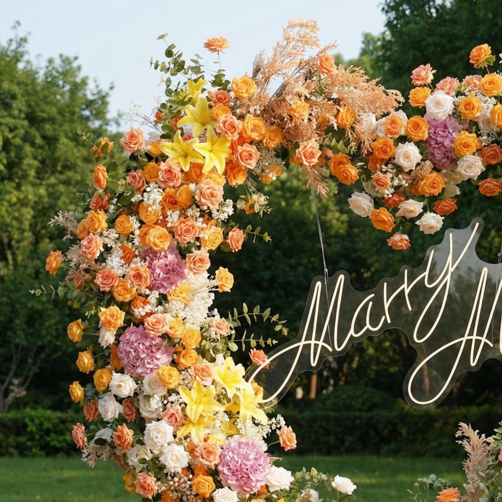 Valar Flower Heart-Shaped Sunset Floral Arch | Orange, Yellow & Blush Proposal Backdrop for Wedding & Outdoor Events HA-407