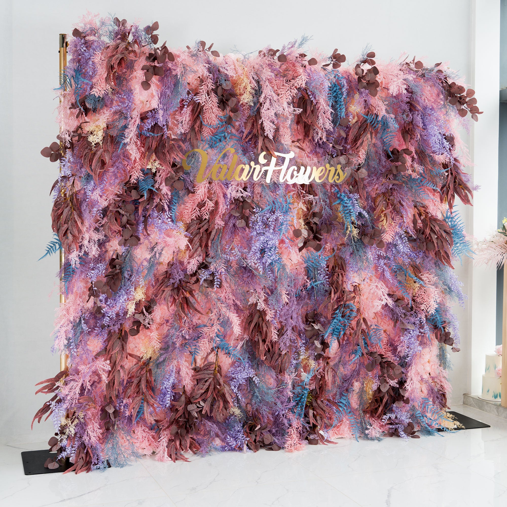 Romantic artificial floral backdrop in soft pink and lavender tones, perfect for weddings