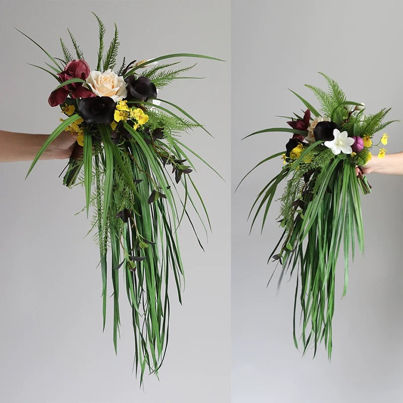 ValarFlower Artificial Bridal Bouquet, Cascading Greenery Wedding Bouquet with Orchid & Natural Style Faux Flowers for Bride Decor VB-320