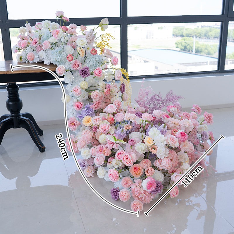 Corredor de mesa floral falso en tonos malva romántico y rubor, flores elegantes en cascada para ocasiones especiales FA-238