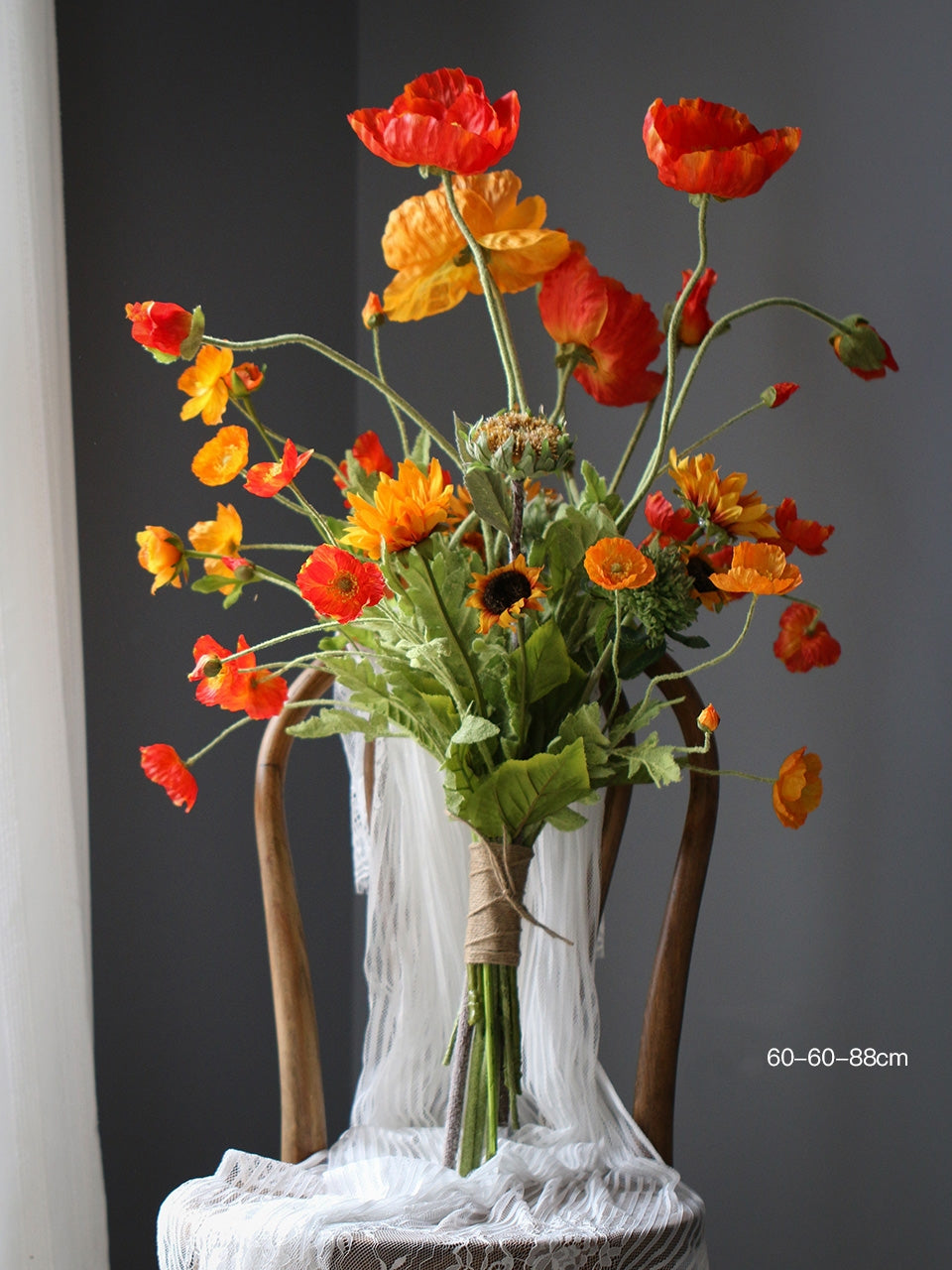 Wild Meadow Faux Flower Bouquet Arrangement – Realistic Artificial Poppy & Sunflower Mix for Wedding, Home, or Event Decoration VB-212 (Without Vase)