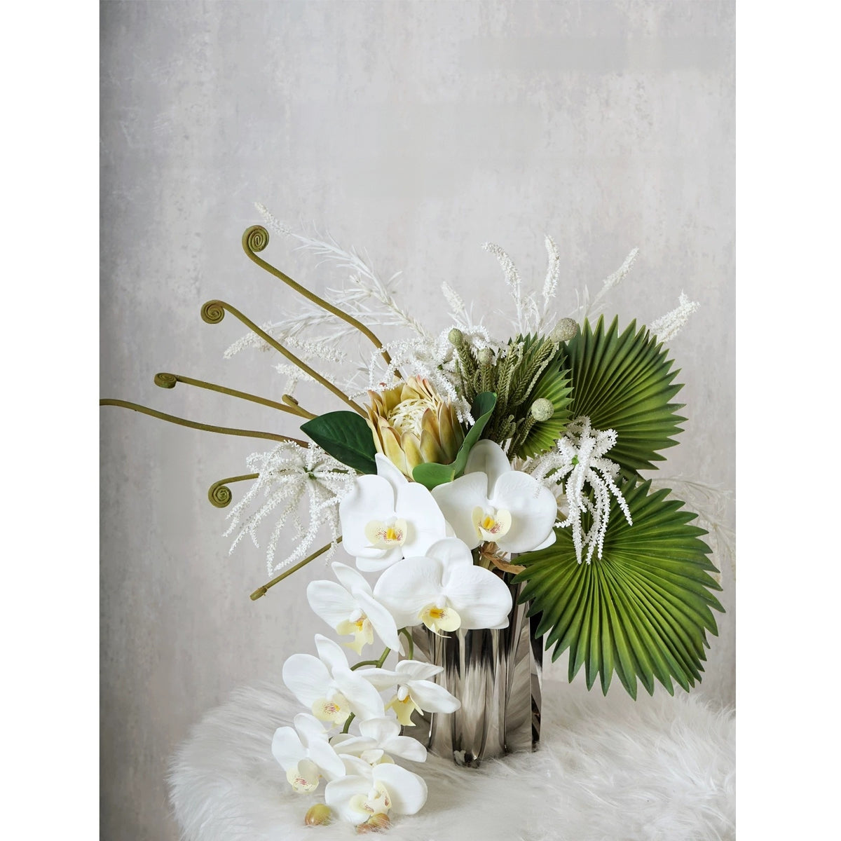 ValarFlower White Orchid Artificial Floral Arrangement, Modern Tropical Flower Decor with Green Palm Leaves VB-280