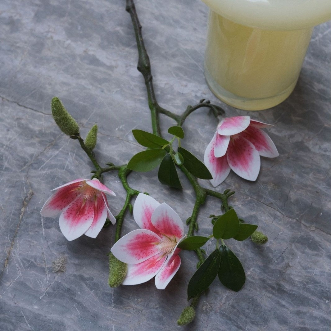 Faux Magnolia Peach Blossom Stems by Valar Flower – Lifelike 3-Fork Floral Branches for Vase Display FS-1068