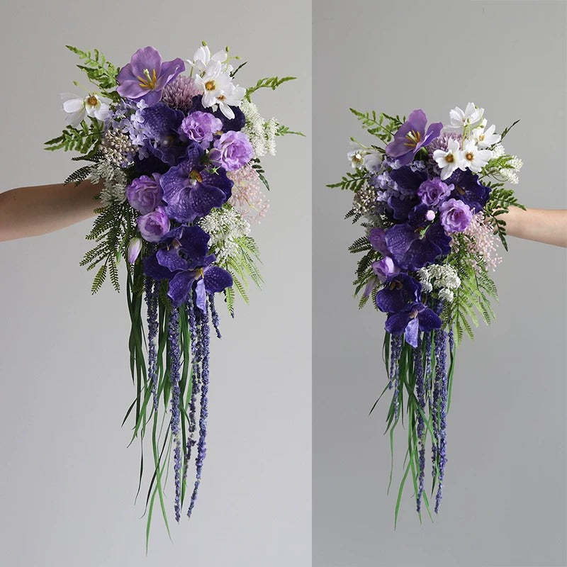 ValarFlower Artificial Bridal Bouquet, Cascading Orchid Wedding Bouquet with Tropical Flowers & Greenery for Elegant Bride Decor VB-321