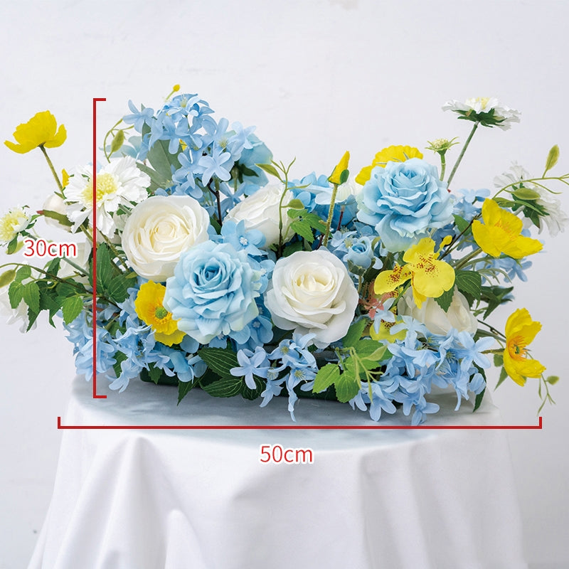 Configuración de flores artificiales inspiradas en la primavera – Conjunto de flores artificiales azules y amarillas para eventos FA-264