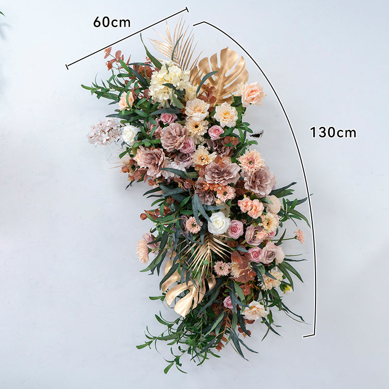 Warm Earth-Tone Faux Floral Display – Boho Event Wall & Floor Decoration with Tropical Gold Palms FA-253