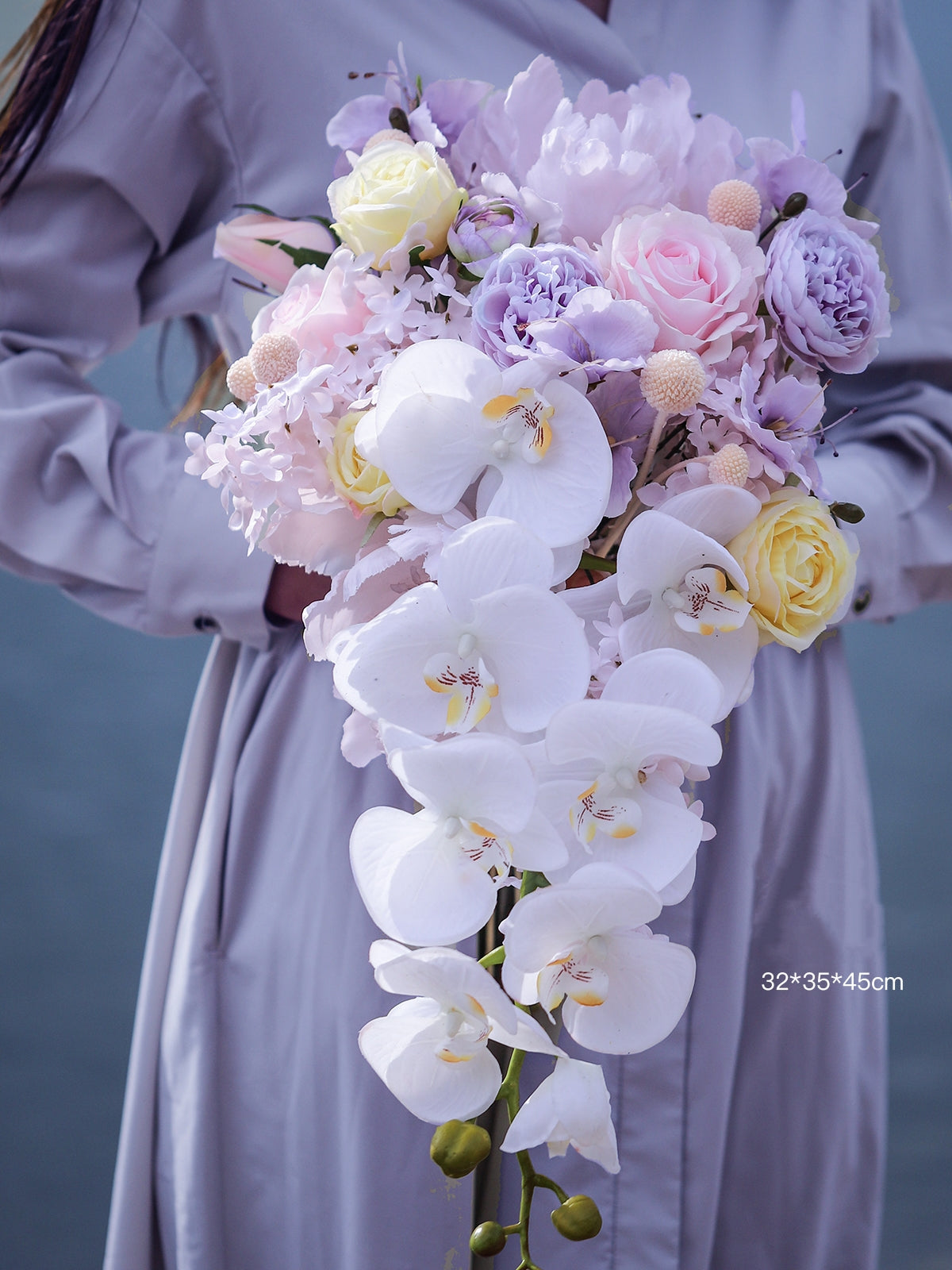 Elegant Cascading Faux Flower Bouquet – Romantic Silk Floral Arrangement for Wedding & Home Décor VB-205 (Without Vase)