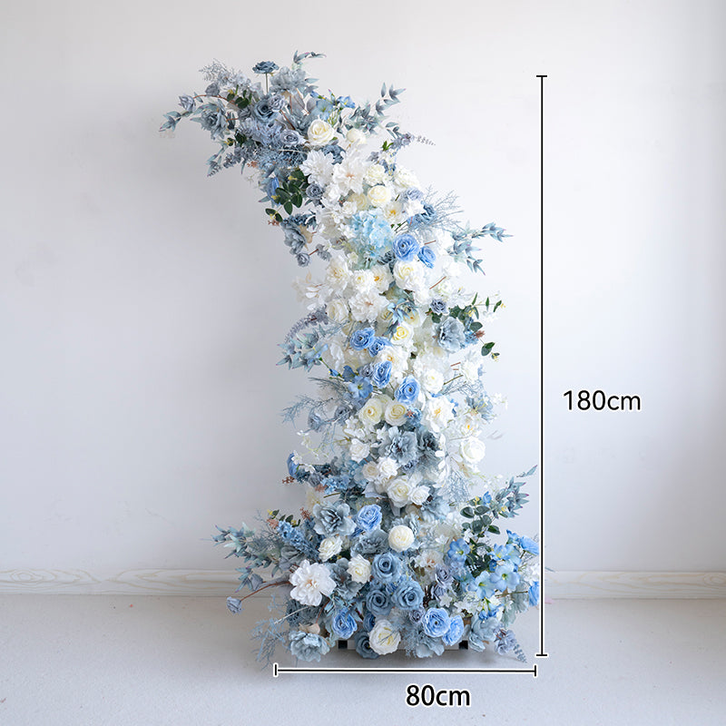 Light Blue Theme Elegant Moon Shape Wedding Ceremony Floral Horn Arch - Artificial Flower Arch for Weddings, Events, and Special Occasions VA-301