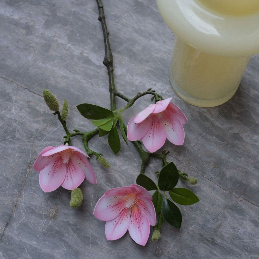 Faux Magnolia Peach Blossom Stems by Valar Flower – Lifelike 3-Fork Floral Branches for Vase Display FS-1068