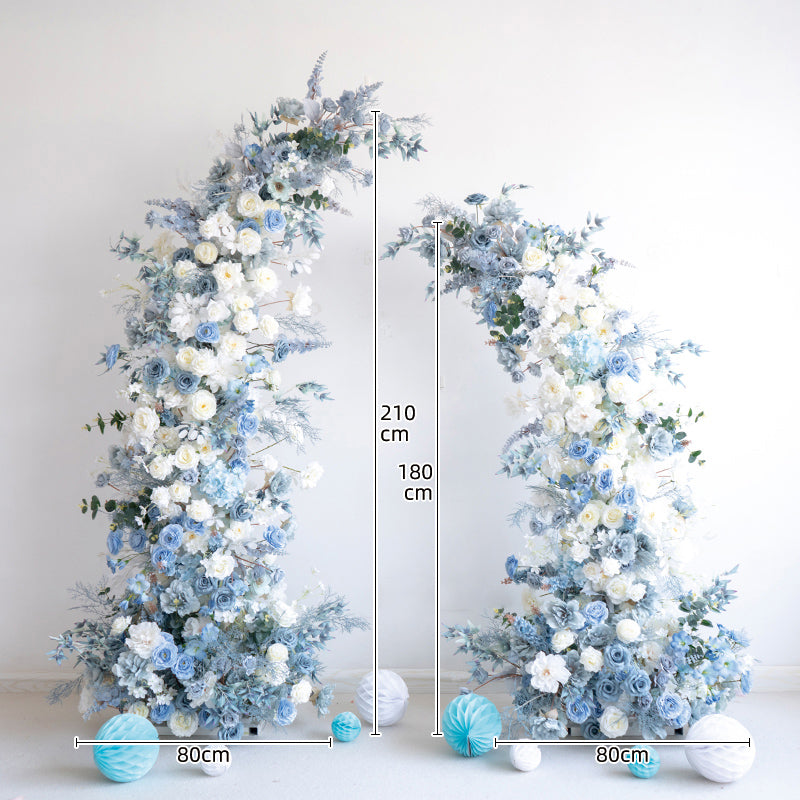Light Blue Theme Elegant Moon Shape Wedding Ceremony Floral Horn Arch - Artificial Flower Arch for Weddings, Events, and Special Occasions VA-301