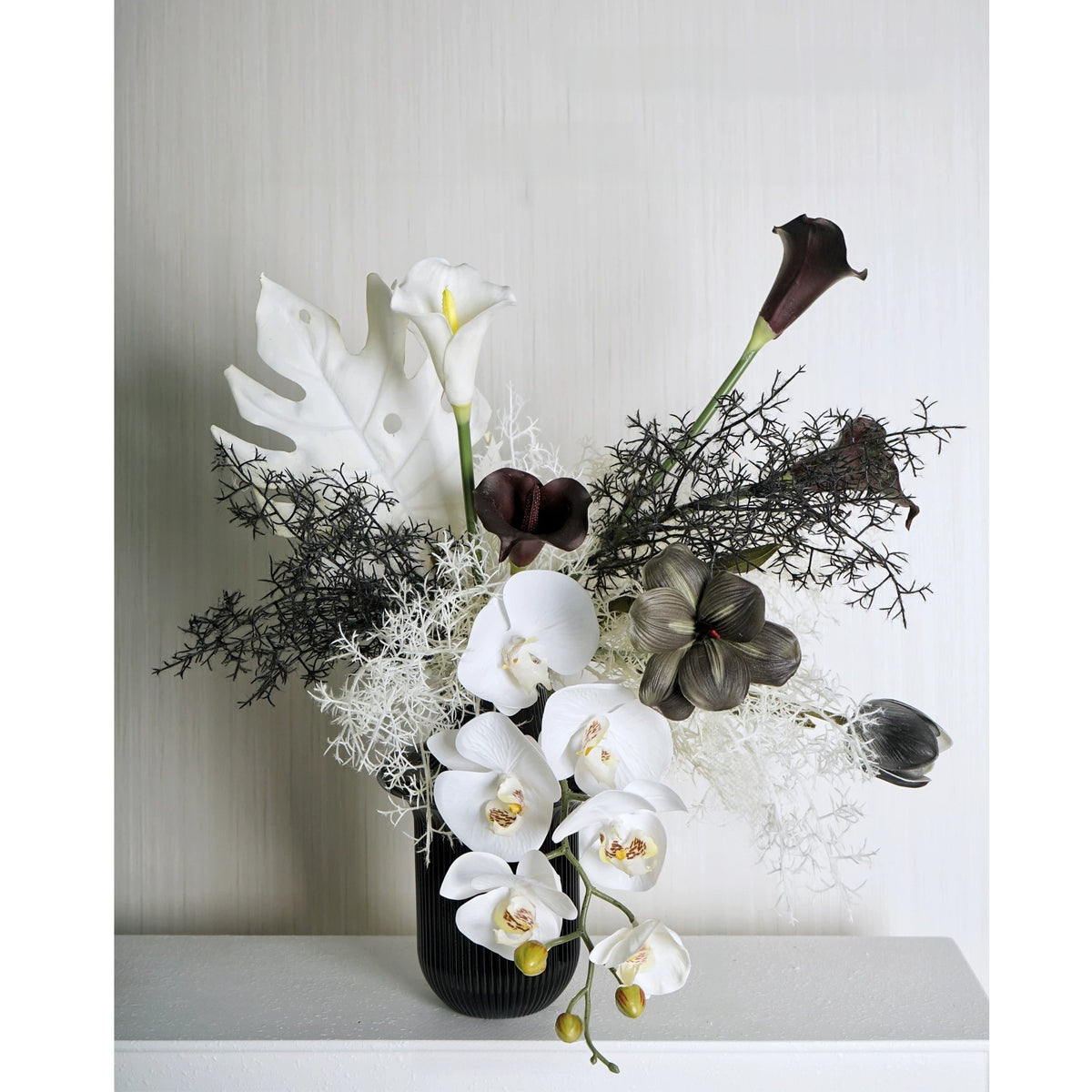 ValarFlower Black White Artificial Orchid Flower Arrangement, Modern Calla Lily Floral Decor for Wedding and Home VB-279