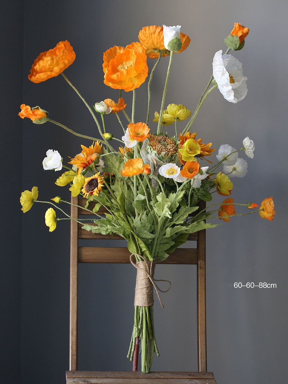 Wild Meadow Faux Flower Bouquet Arrangement – Realistic Artificial Poppy & Sunflower Mix for Wedding, Home, or Event Decoration VB-212 (Without Vase)